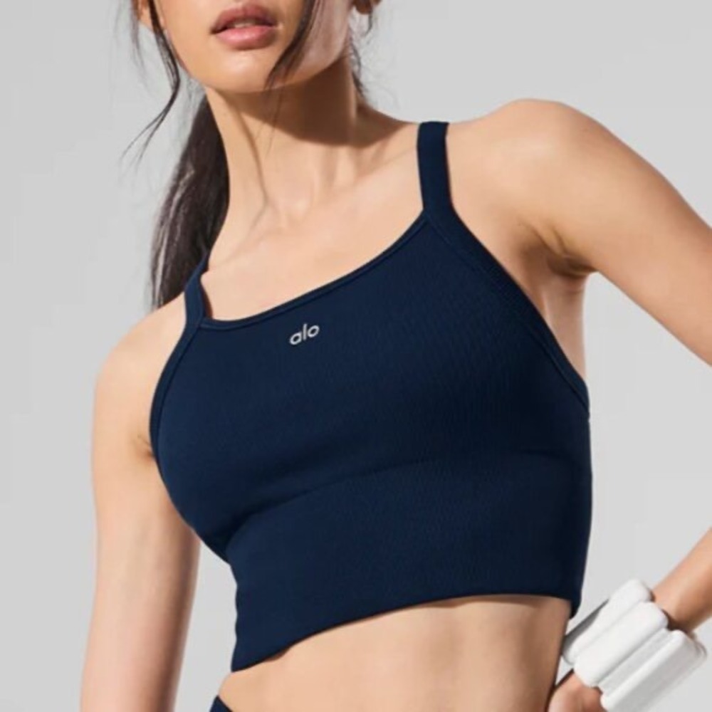 Alo Yoga Navy Blue Seamless Ribbed Favorite Bra Tank Medium EUC